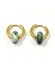 Remi Emerald Marble Stone Circle Hoop Earring - gold hoop earrings with a natural emerald marble stone circle charm
