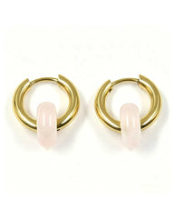 Remi Rose Quartz Stone Circle Hoop Earring - gold hoop earrings with a natural rose quartz stone circle charm