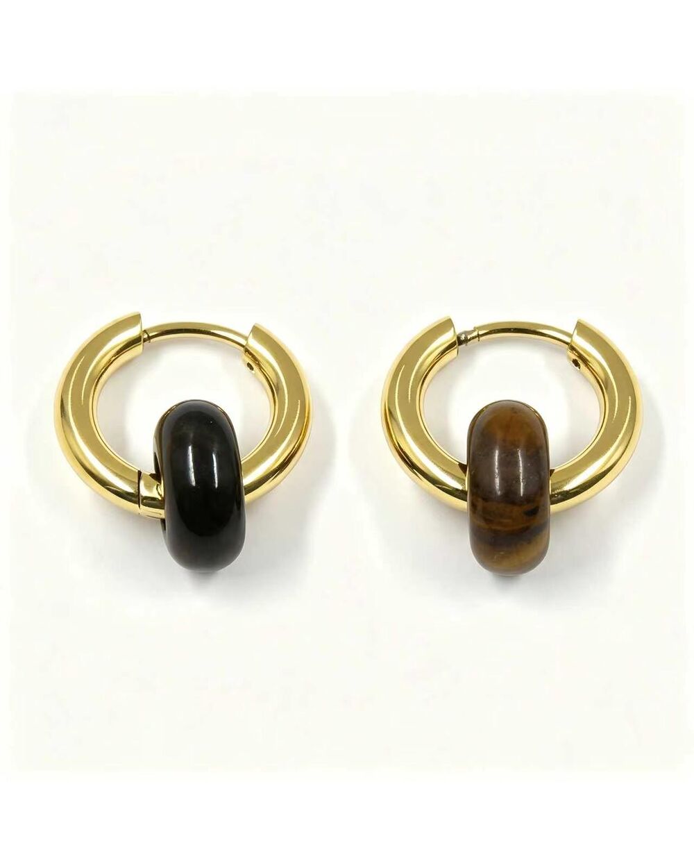 Remi Tigers Eye Stone Circle Hoop Earring - gold hoop earrings with a natural tiger's eye stone circle charm