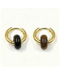 Remi Tigers Eye Stone Circle Hoop Earring - gold hoop earrings with a natural tiger's eye stone circle charm