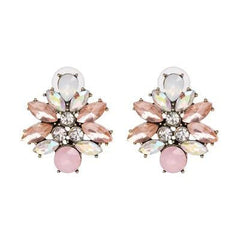 Peta soft pink crystal cluster flower stud earrings featuring blush, opal, and iridescent crystal detail by Greenwood Designs, shown on white background