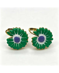 Gold hoop earrings with a green enamel zinnia flower charm and purple centre
