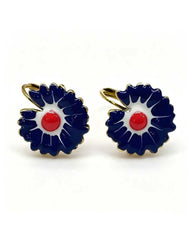 Gold hoop earrings with a navy enamel zinnia flower charm and red centre