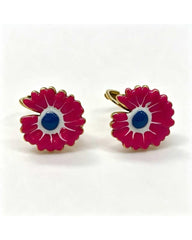 Gold hoop earrings with a pink enamel zinnia flower charm and blue centre